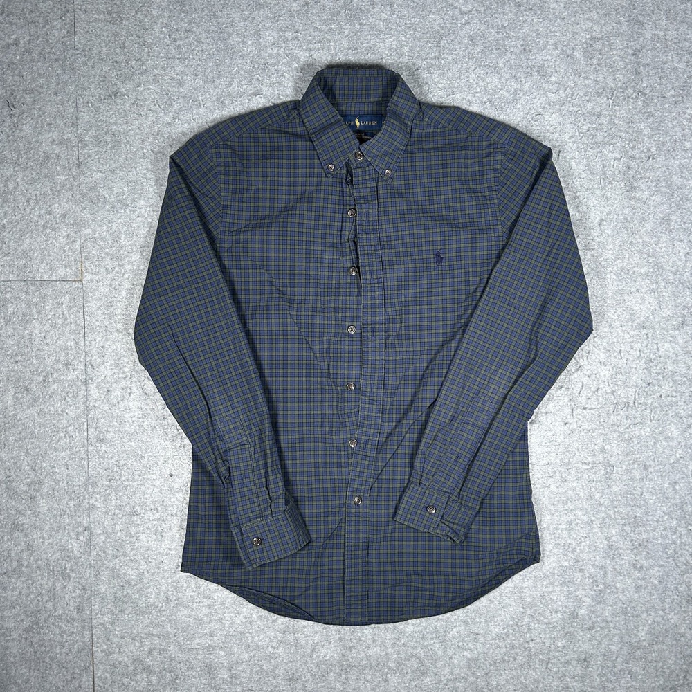 Polo Ralph Lauren Button Down Shirt Mens Medium Blue And Olive Plaid Slim Fit